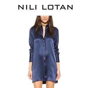 Nili Lotan Silk Dress “Jane”, Navy Blue, Tie Neck